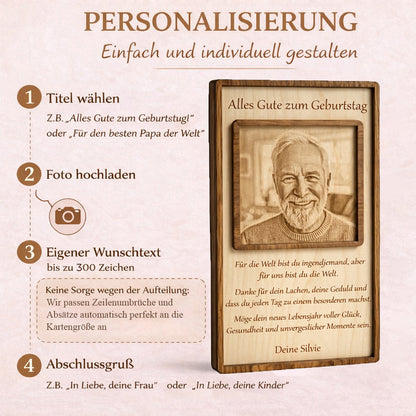 Schritt-für-Schritt-Anleitung zur einfachen Personalisierung des Holzbildes mit Foto und Text.