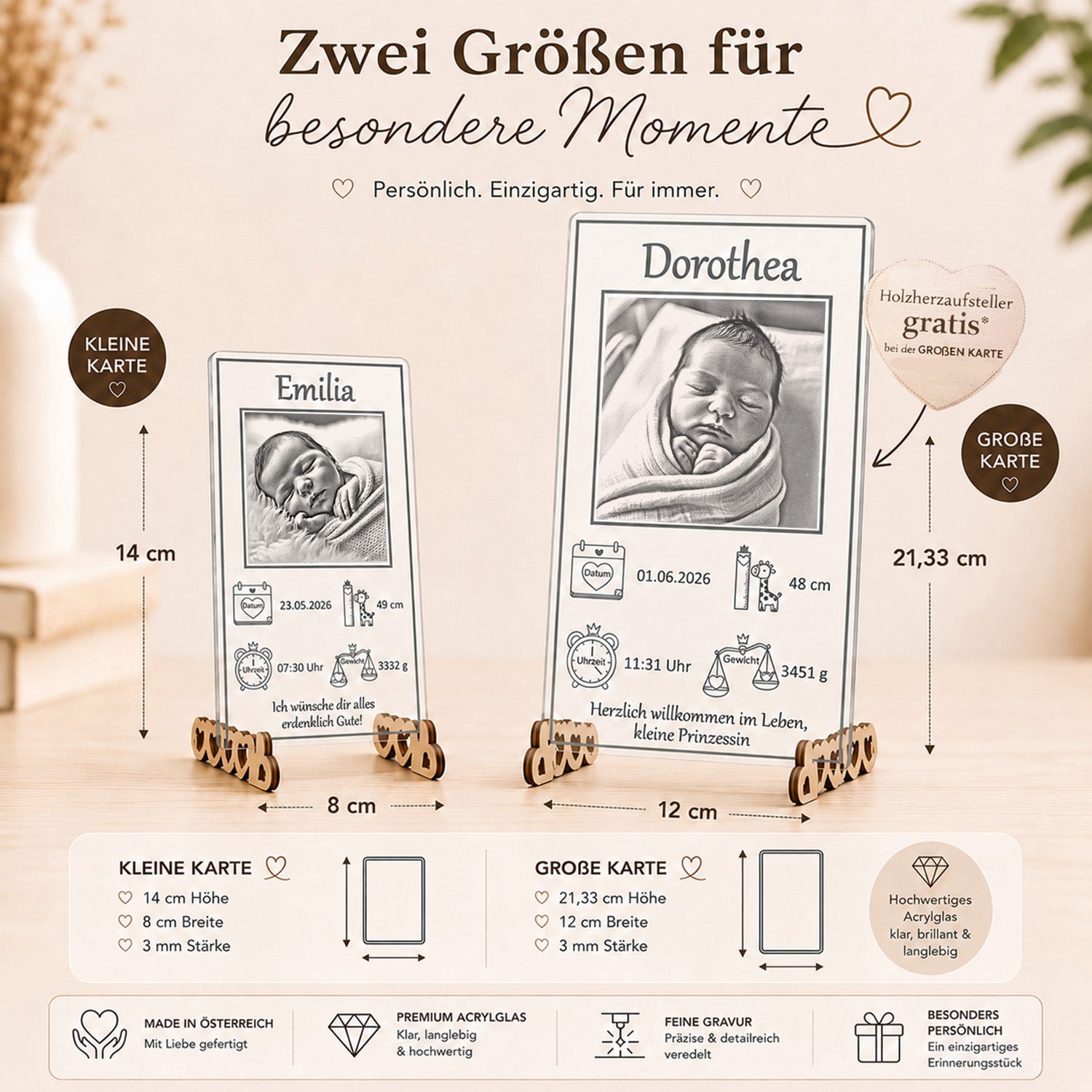Direkter Größenvergleich der verschiedenen Abmessungen der klaren Acryl-Gedenkplatten zur Geburt.