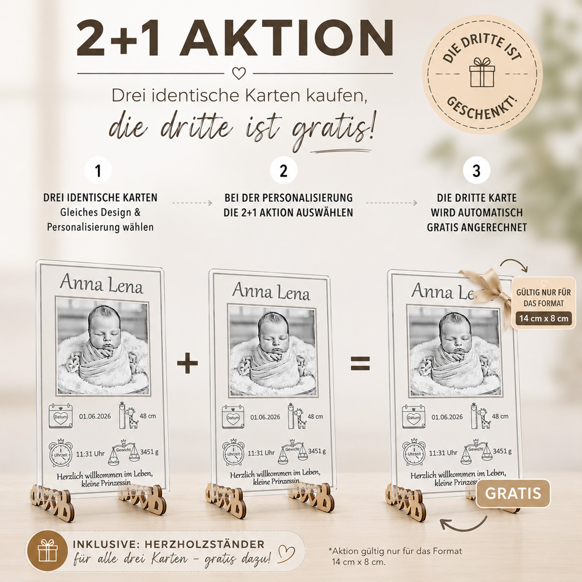 Sonderaktion zur Geburt: Kaufe zwei personalisierte Acrylglas-Erinnerungstafeln und erhalte die dritte gratis dazu.