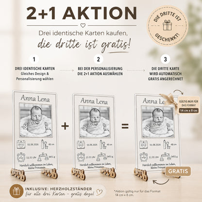 Sonderaktion zur Geburt: Kaufe zwei personalisierte Acrylglas-Erinnerungstafeln und erhalte die dritte gratis dazu.