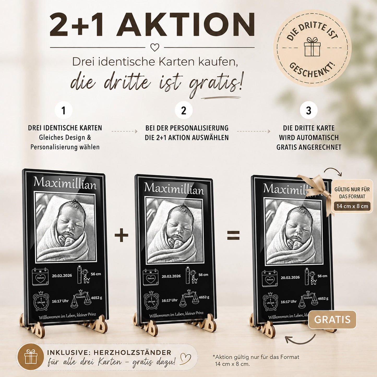Exklusive Mengenrabatt-Aktion: Drei personalisierte schwarze Acrylglas-Geburtsanzeigen zum Preis von zweien.