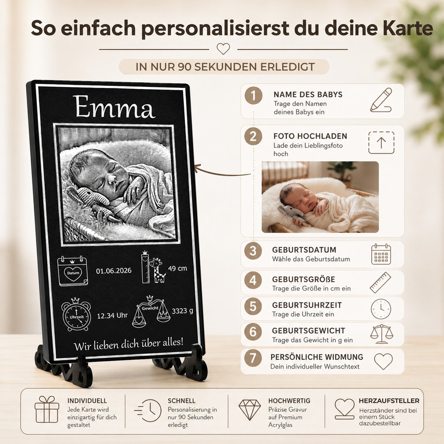 Anleitung zur einfachen Eingabe von Name, Geburtsdatum, Gewicht und dem Hochladen des Babyfotos für den schwarzen Aufsteller.