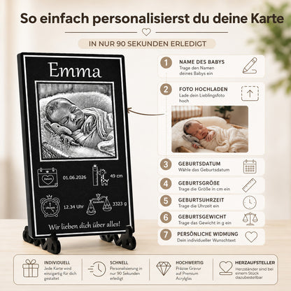 Anleitung zur einfachen Eingabe von Name, Geburtsdatum, Gewicht und dem Hochladen des Babyfotos für den schwarzen Aufsteller.