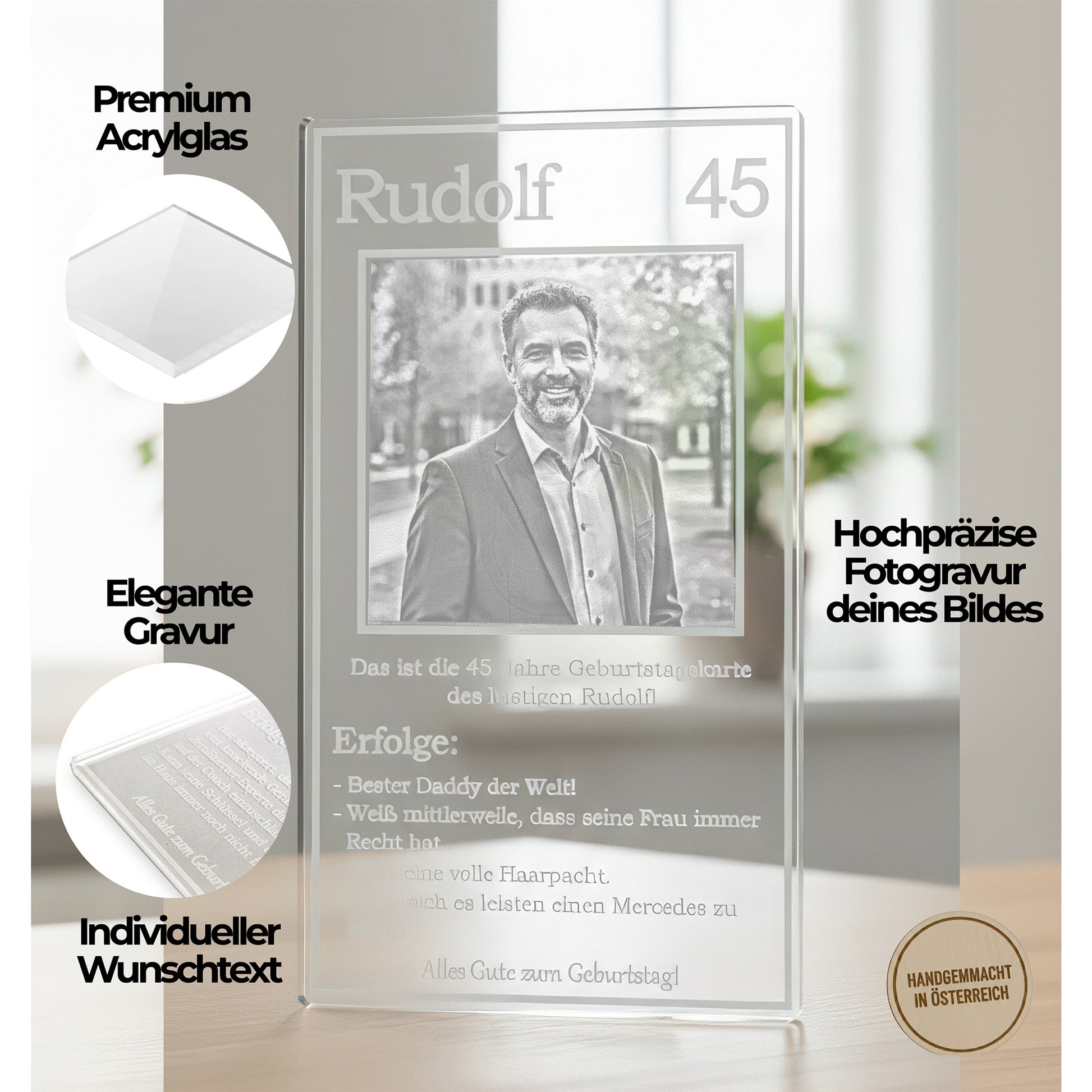 Detailansicht der hochauflösenden Gravur auf Glas – zeigt die feine Lichtbrechung und Schärfe.