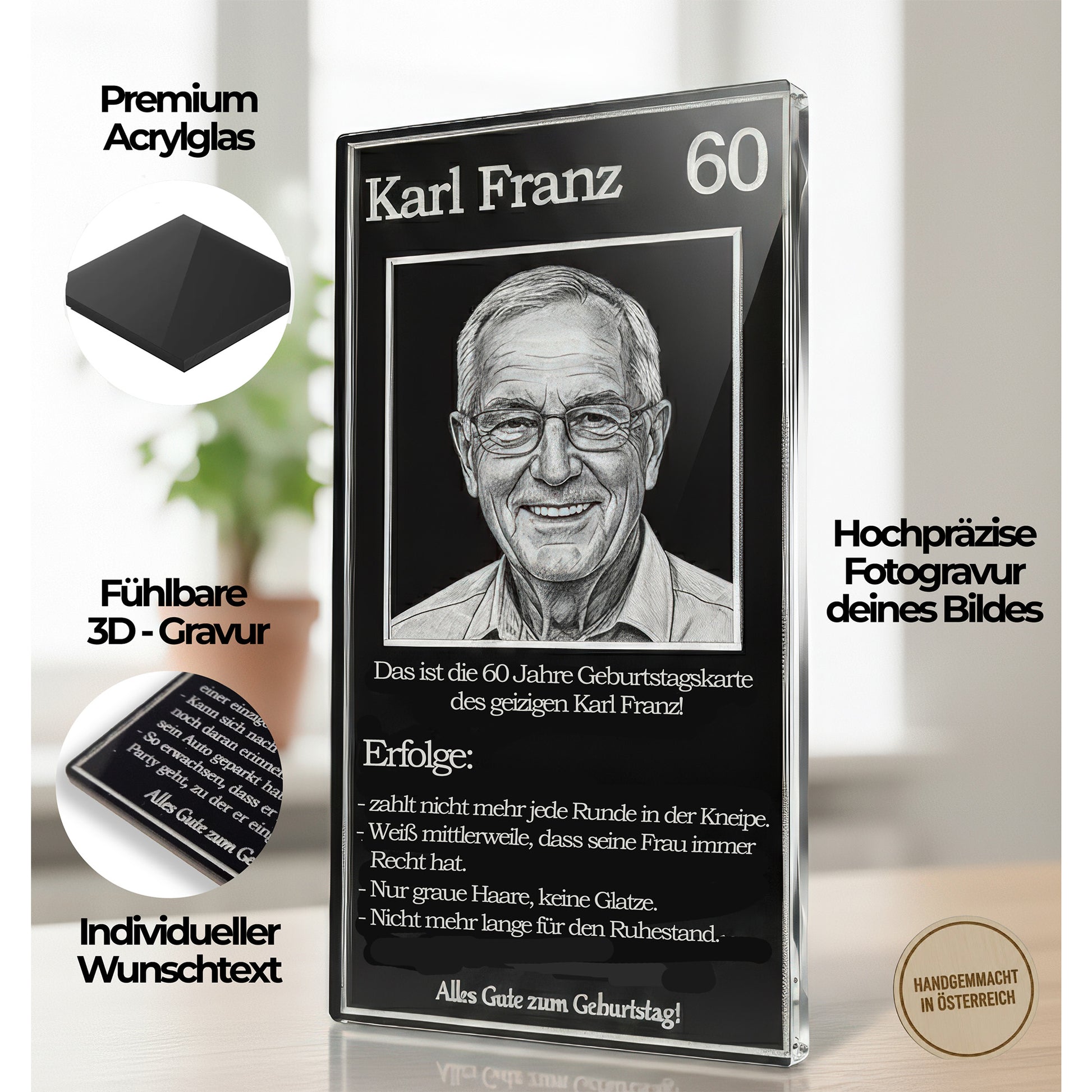 Detailansicht der Gravur auf schwarzem Glas – zeigt den edlen Weiss-Schwarz-Kontrast.