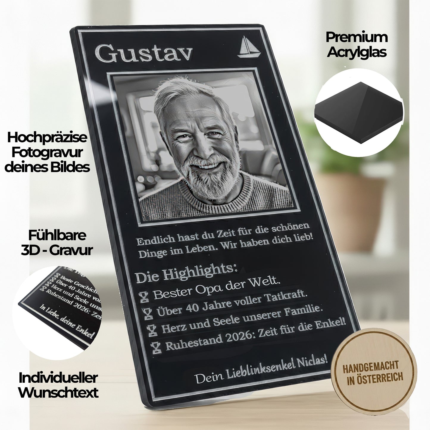 Nahaufnahme der kontrastreichen Gravur auf schwarzem Acrylglas