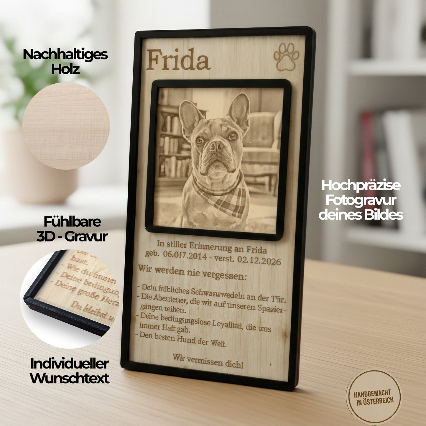 Detailansicht der präzisen Lasergravur auf Echtholz – zeigt das Hundeportrait in hoher Auflösung