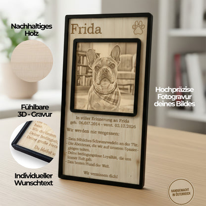 Detailansicht der präzisen Lasergravur auf Echtholz – zeigt das Hundeportrait in hoher Auflösung