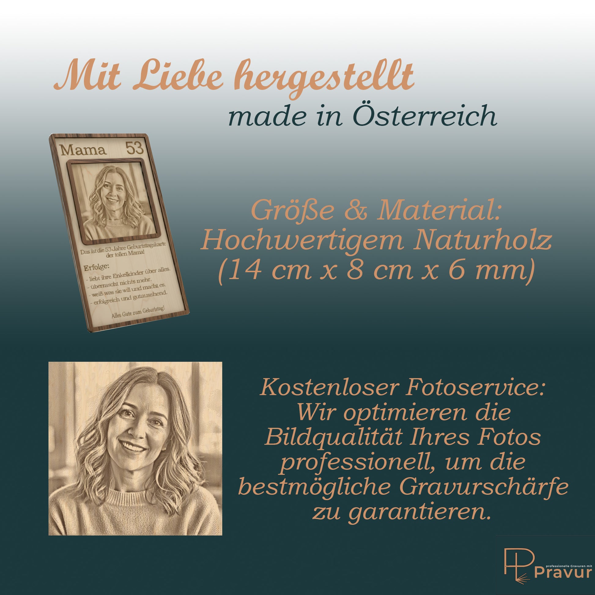 Größenvergleich der Holz-Geburtstagskarte und Hinweis auf unsere kostenlose Fotooptimierung.