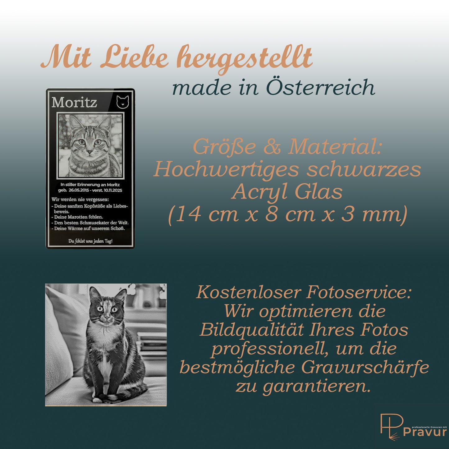 Maßangaben zur Gedenktafel und Infos zu unserer liebevollen Foto-Optimierung durch Experten.