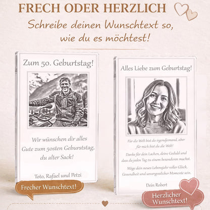 Individuelle Gravur-Optionen für das Acrylglas-Geschenk: Von frechen Sprüchen zum Geburtstag bis zu liebevollen Widmungen.