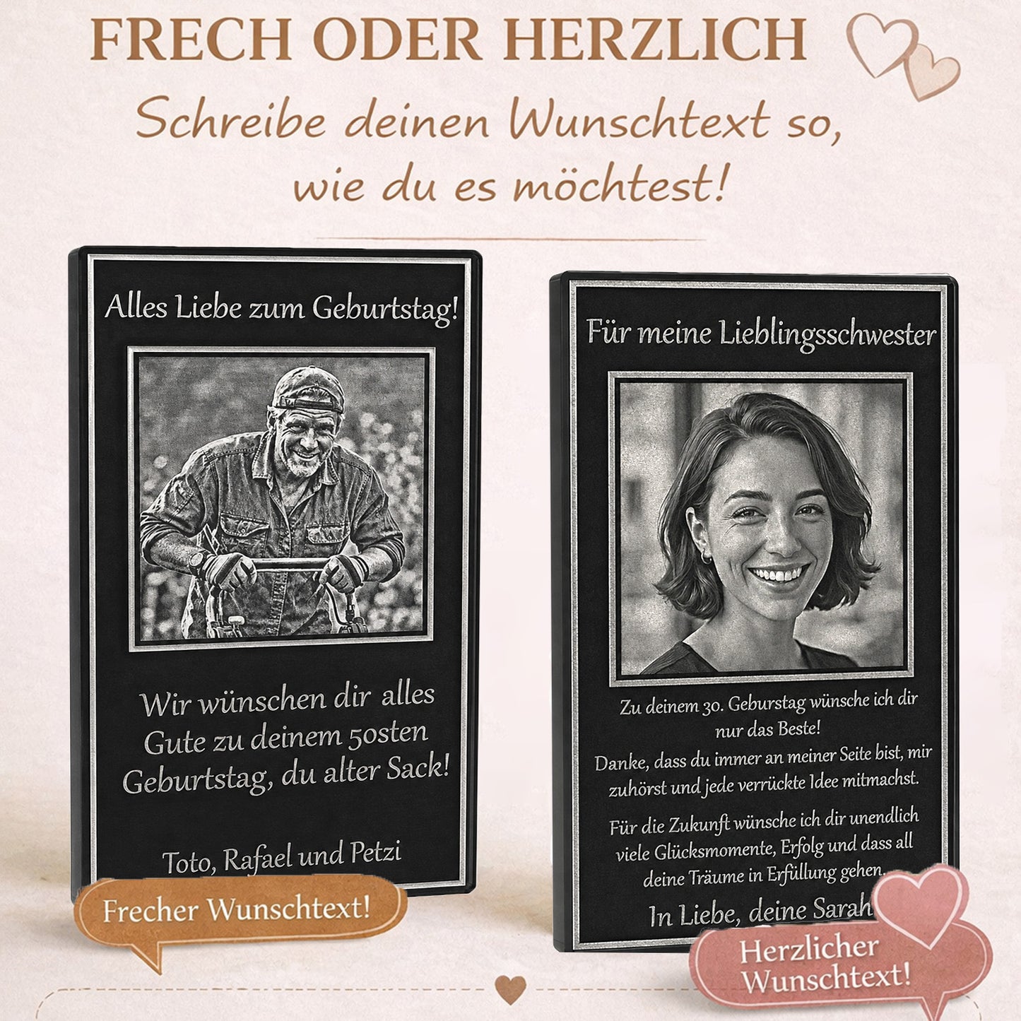 Gestaltungsbeispiele für die Gravur auf schwarzem Acrylglas: Wähle zwischen humorvollen Sprüchen oder emotionalen Glückwünschen.
