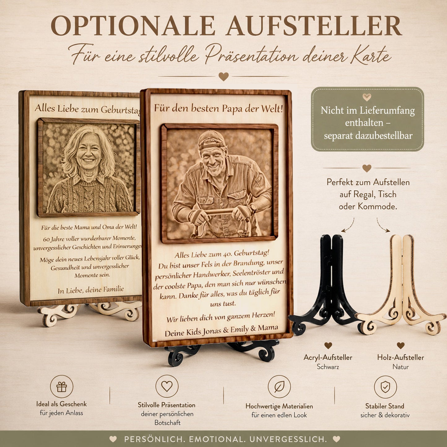 Nahaufnahme des stabilen und passgenauen Holz-Standfusses für die stilvolle Präsentation des Geburtstagsgesenks.
