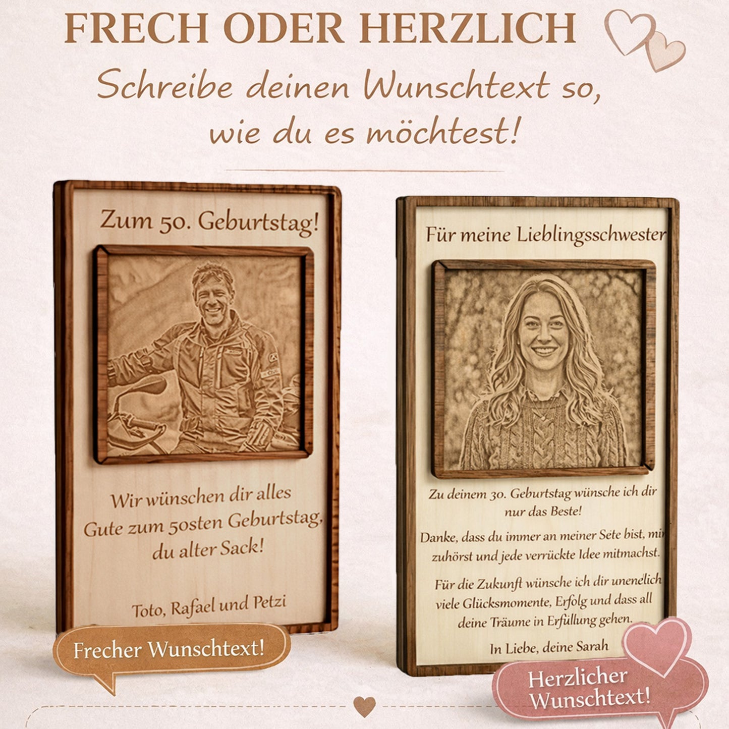 Beispiele für die Lasergravur: Egal ob freche Sprüche zum Runden oder herzliche Glückwünsche auf dem Holzgeschenk.