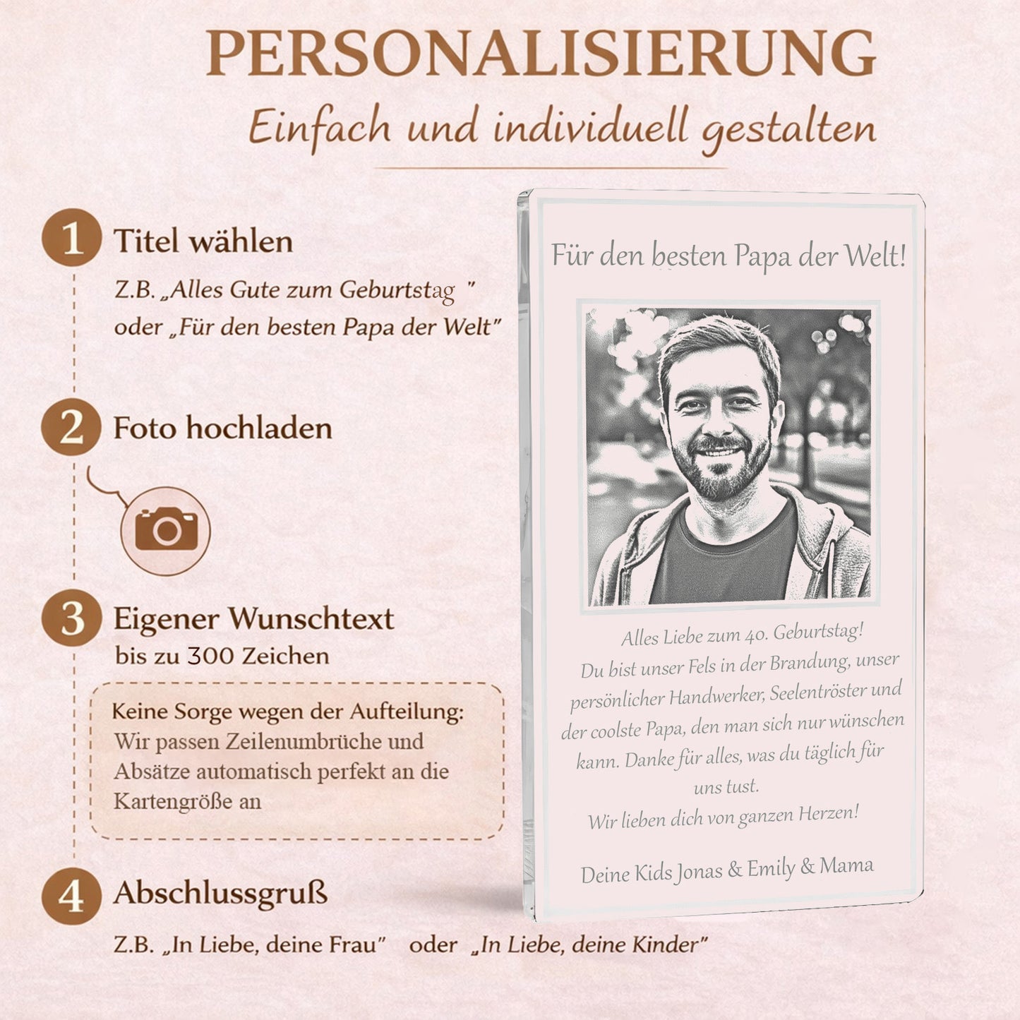 Anleitung zur einfachen Online-Gestaltung des klaren Acryl-Aufstellers mit eigenem Foto, Namen und Alter.