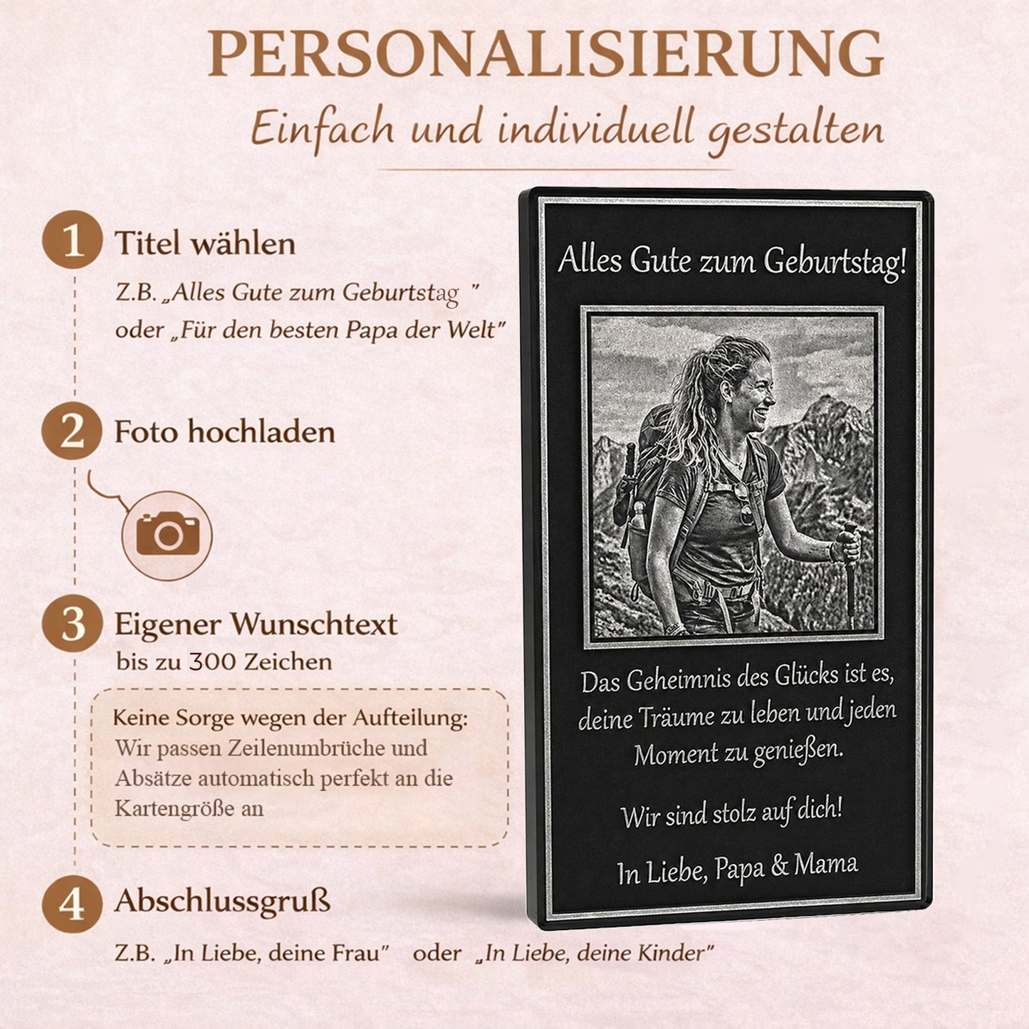 Schritt-für-Schritt-Anleitung zur Personalisierung der schwarzen Acryl-Geburtstagsplatte mit Foto, Meilensteinen und Wunschtext.