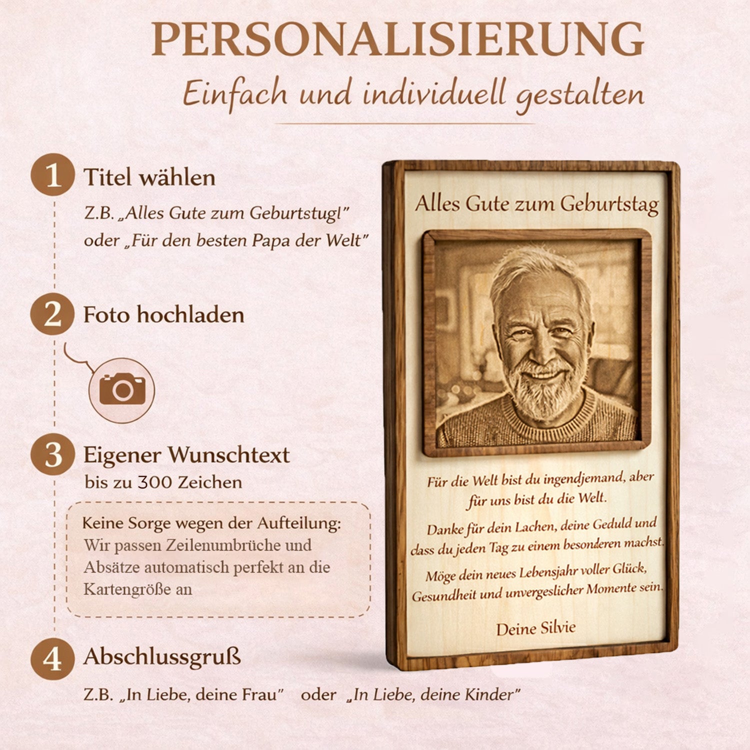Schritt-für-Schritt-Anleitung zur Gestaltung des hölzernen Aufstellers mit eigenem Titel, Bild und persönlichem Wunschtext.