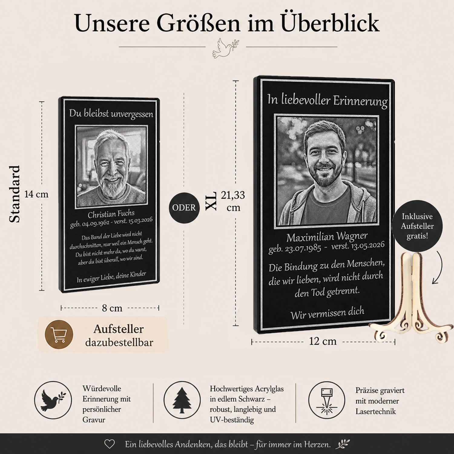 Abmessungen und Maße des schwarzen Acrylglas-Trauergeschenks im direkten Größenvergleich.