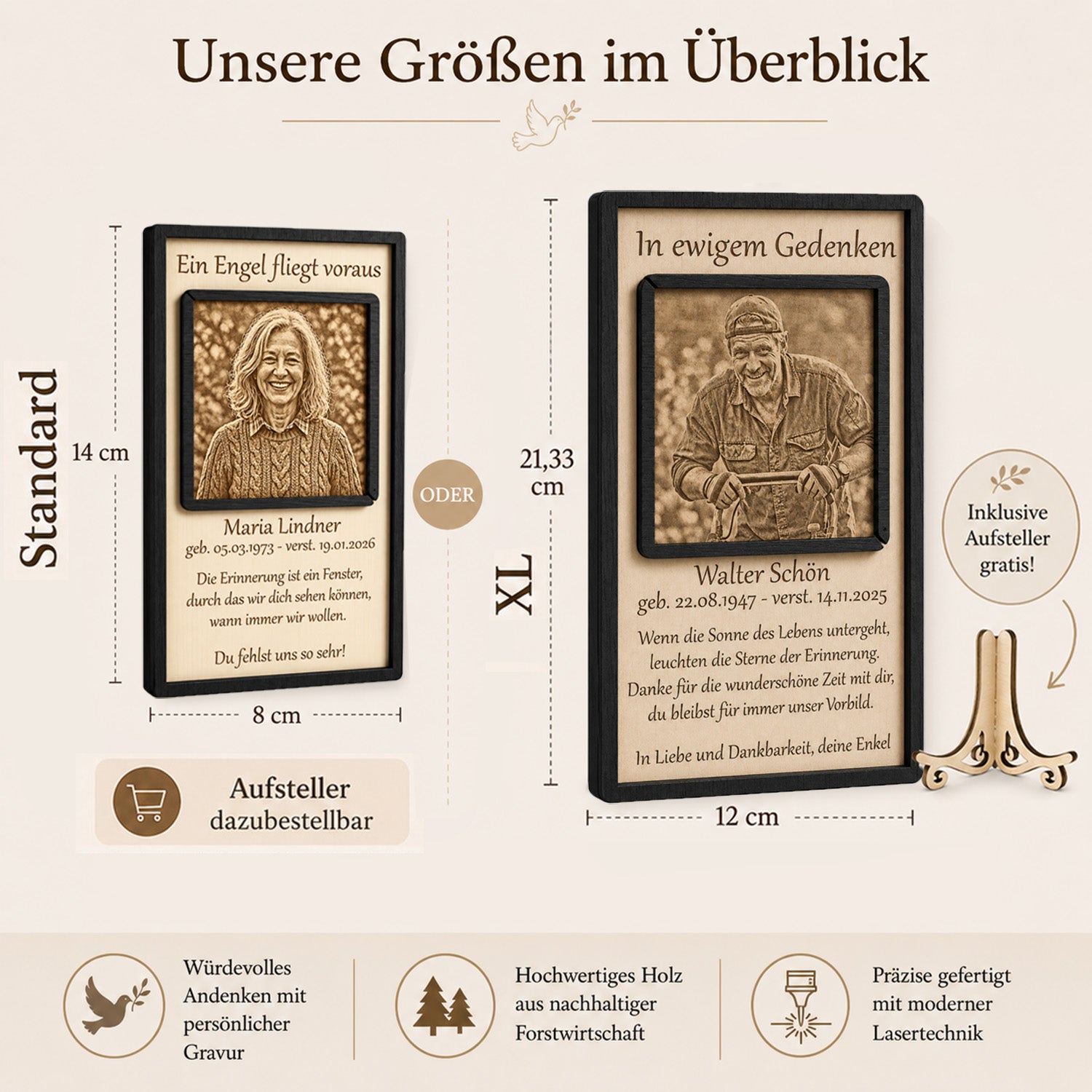 Abmessungen und Maße der personalisierten Holz-Gedenktafel im direkten Größenvergleich.