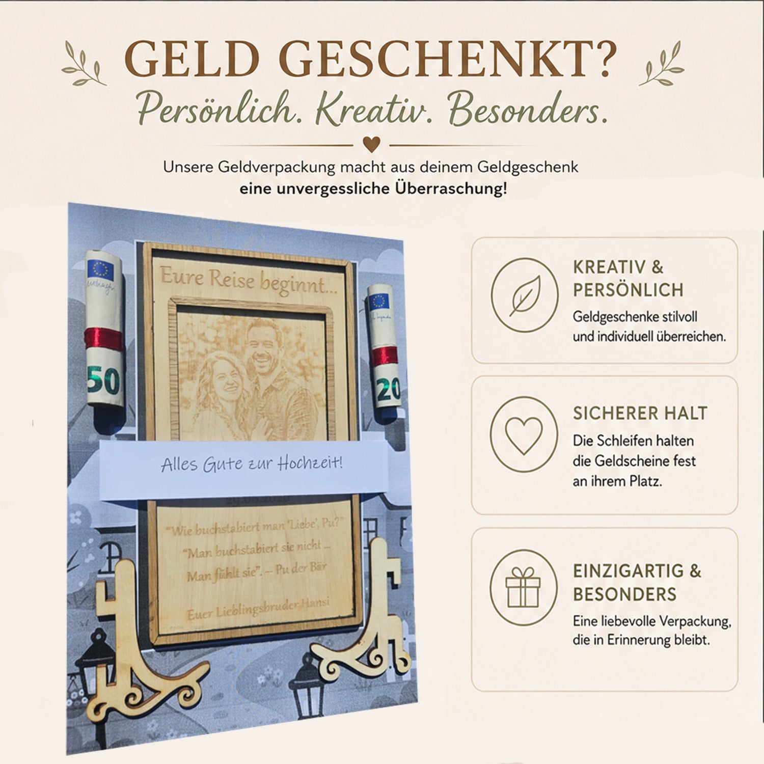 Kreative Idee für ein Geldgeschenk zur Hochzeit mit stilvoller Halterung direkt am hölzernen Aufsteller.
