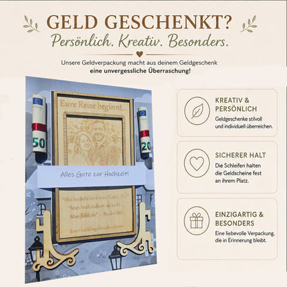 Kreative Idee für ein Geldgeschenk zur Hochzeit mit stilvoller Halterung direkt am hölzernen Aufsteller.