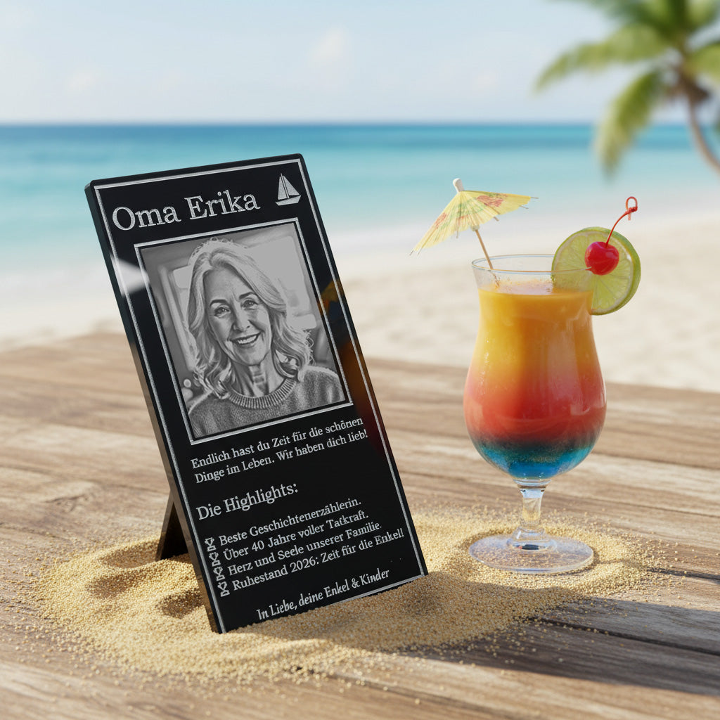 Exklusives Geschenk zur Pension aus schwarzem Glas mit edler Fotogravur zum Ruhestand.