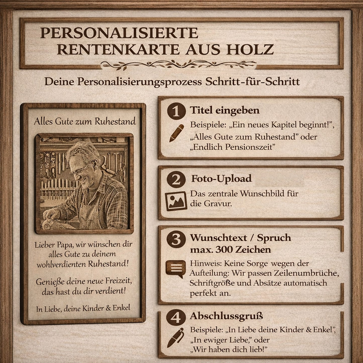 Schritt-für-Schritt-Anleitung zur Personalisierung des hölzernen Rentenaufstellers mit eigenem Spruch und Fotogravur.