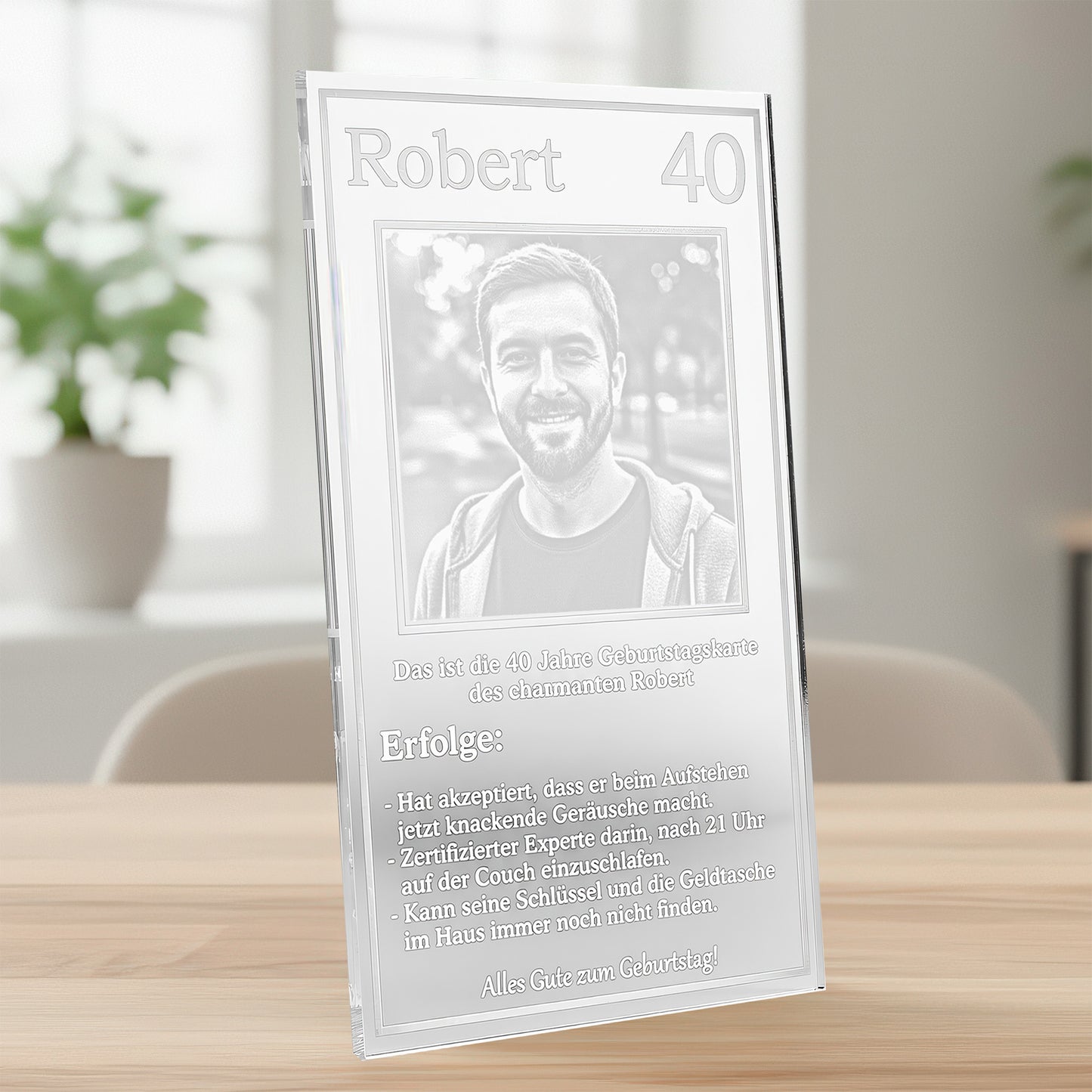 Personalisierte Geburtstagskarte aus Glas mit edler Fotogravur als besonderes Männergeschenk.