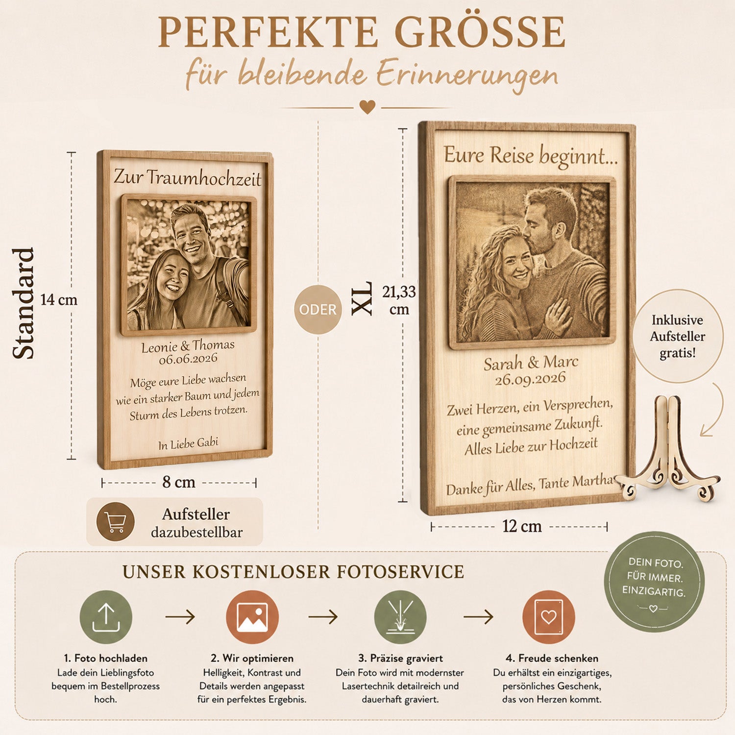 Direkter Größenvergleich und verschiedene Abmessungen der gravierten Holz-Hochzeitskarten im Überblick.