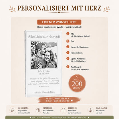 Anleitung zur einfachen Gestaltung der Acrylglas-Hochzeitskarte mit eigenem Foto, Namen und dem Hochzeitsdatum.