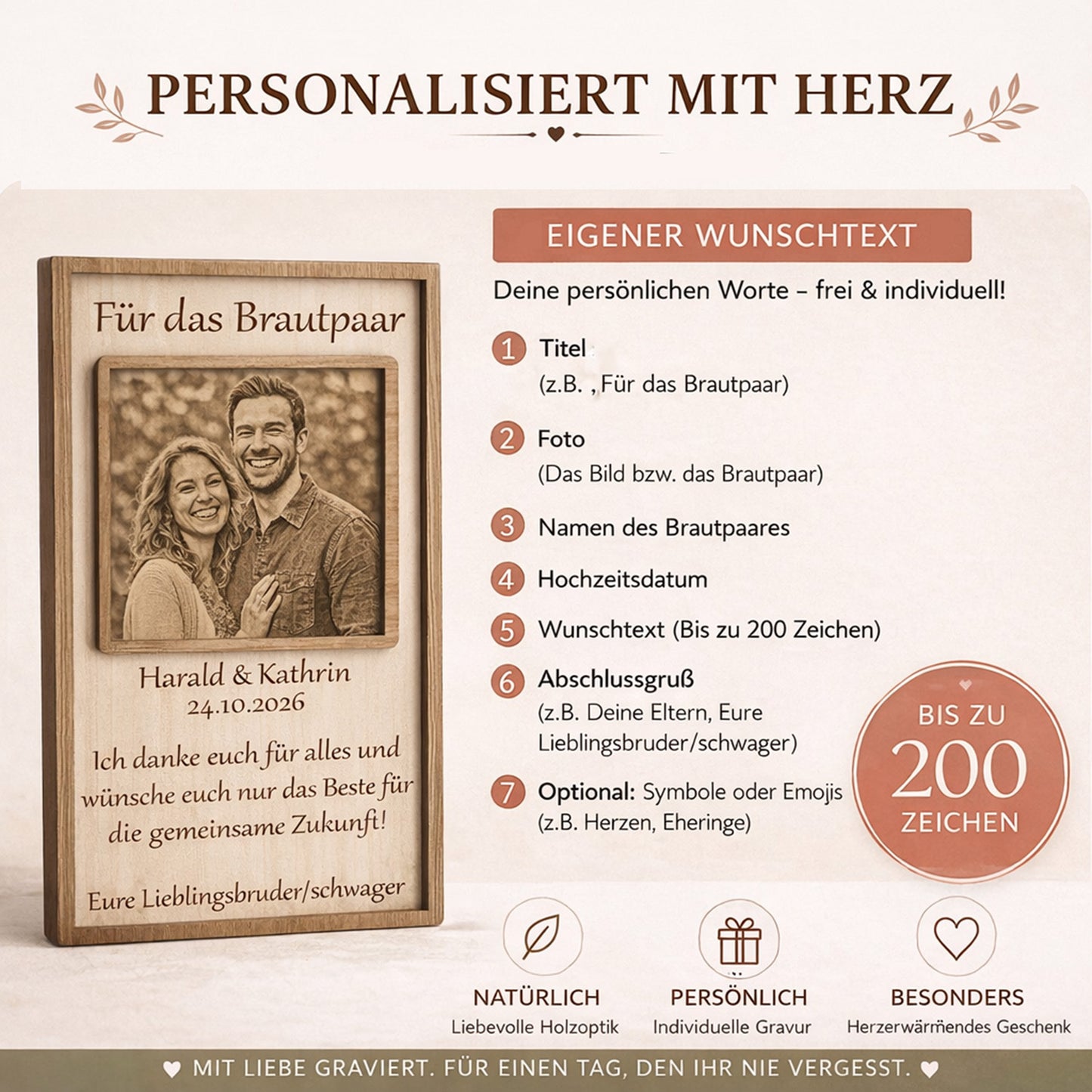 Schritt-für-Schritt-Anleitung zur Personalisierung der hölzernen Hochzeitskarte mit eigenem Bild, Namen und Hochzeitsdatum.
