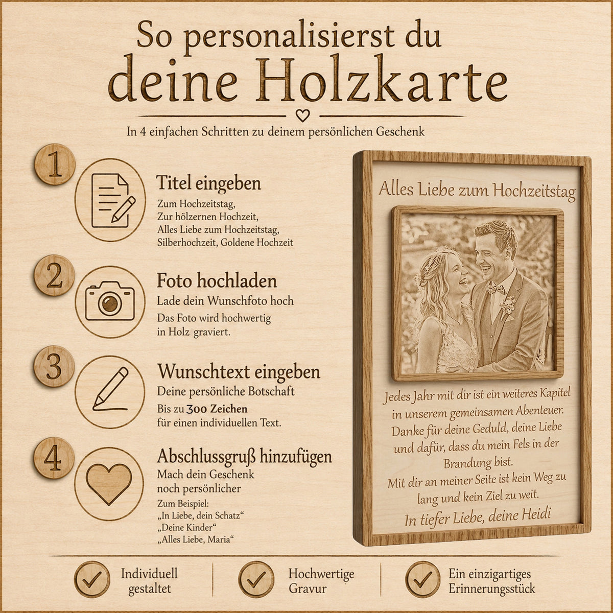 Anleitung zur einfachen Personalisierung des hölzernen Jubiläumsaufstellers mit eigenem Foto und persönlichem Glückwunschtext.