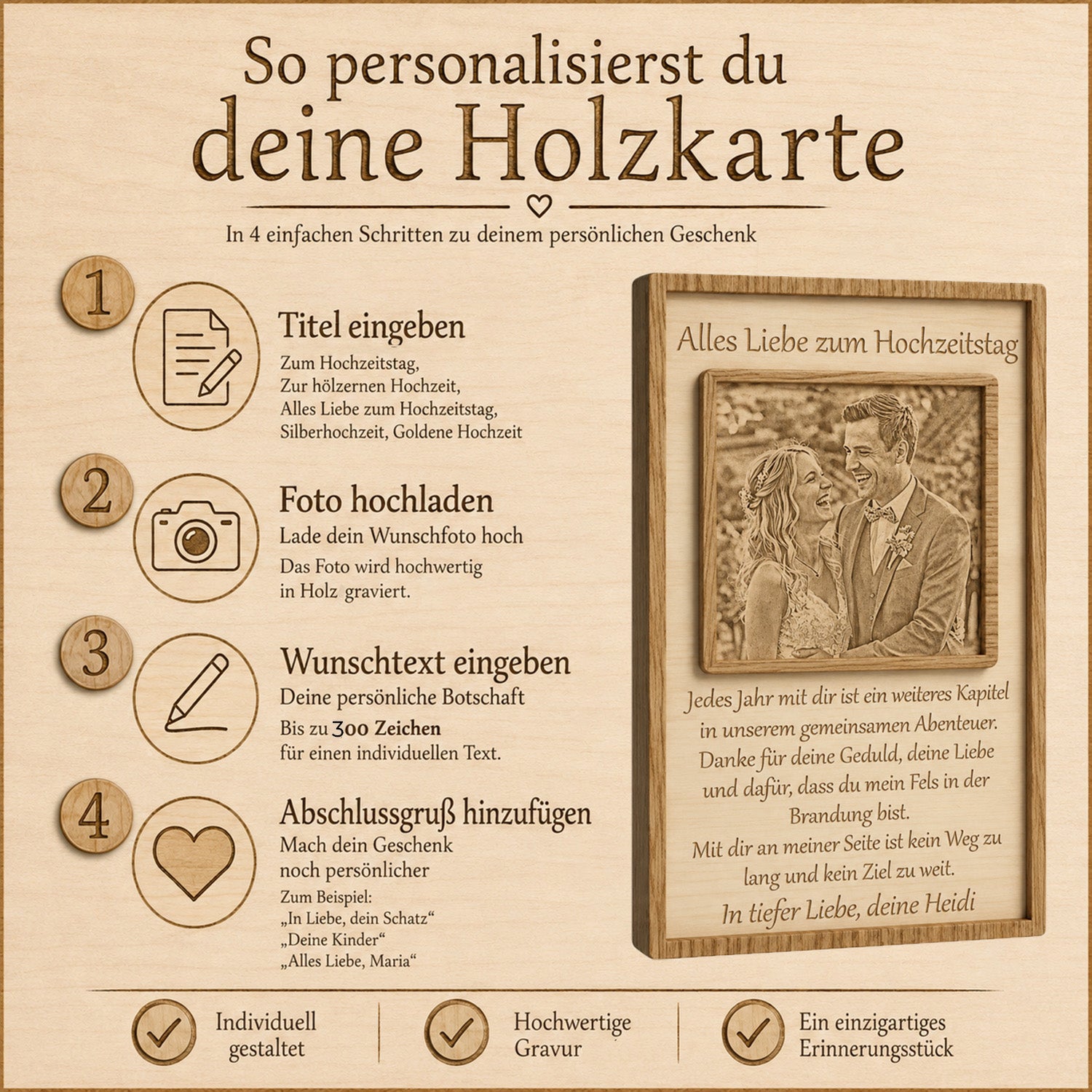 Anleitung zur einfachen Personalisierung des hölzernen Jubiläumsaufstellers mit eigenem Foto und persönlichem Glückwunschtext.