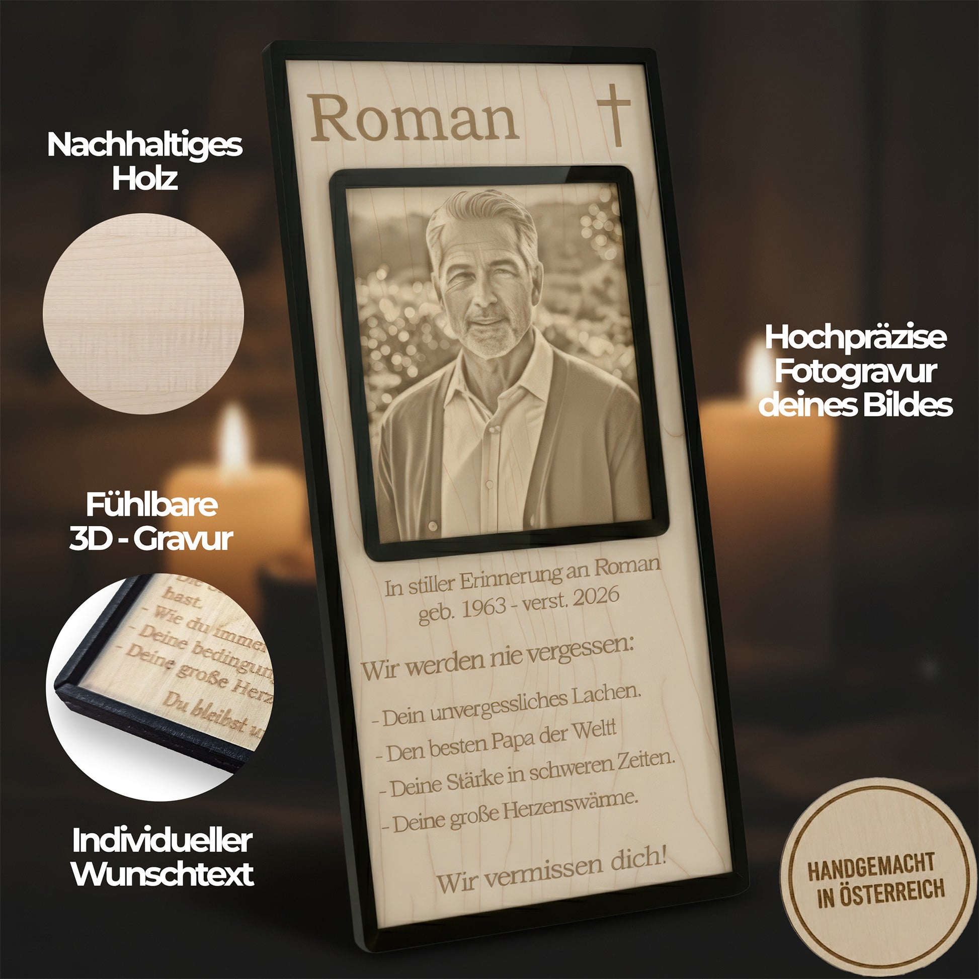 Detailansicht der fotorealistischen Gravur auf Echtholz – feine Ausarbeitung des Portraits.