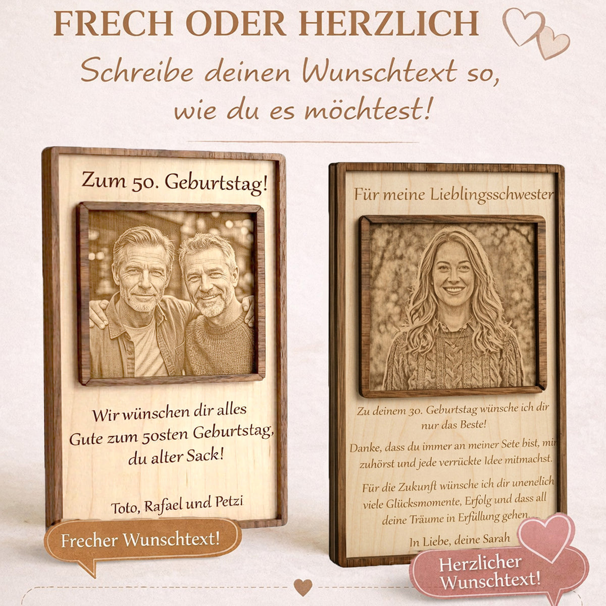 Beispiele für freche und herzliche Wunschtexte auf dem gravierten Holzaufsteller zum Geburtstag.