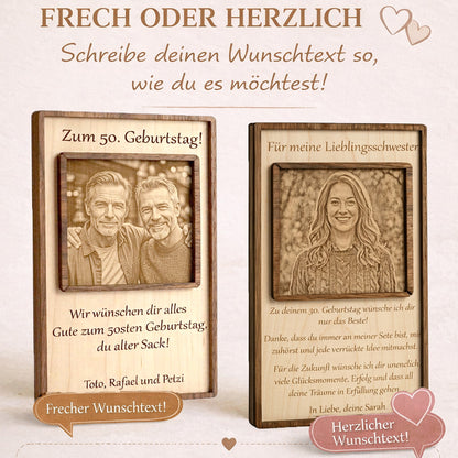 Beispiele für freche und herzliche Wunschtexte auf dem gravierten Holzaufsteller zum Geburtstag.