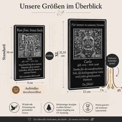 Die genauen Maße und Abmessungen der schwarzen Acrylglas-Gedenkplatte für Hunde im Überblick.