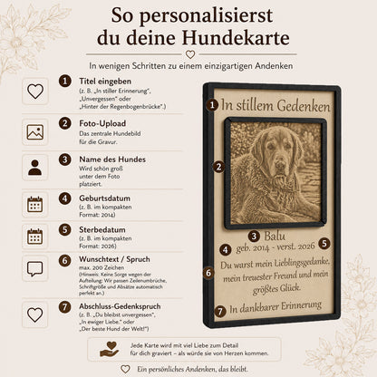Anleitung zur einfachen Personalisierung des Holzaufstellers mit dem Namen, den Daten und dem Foto deines Hundes.