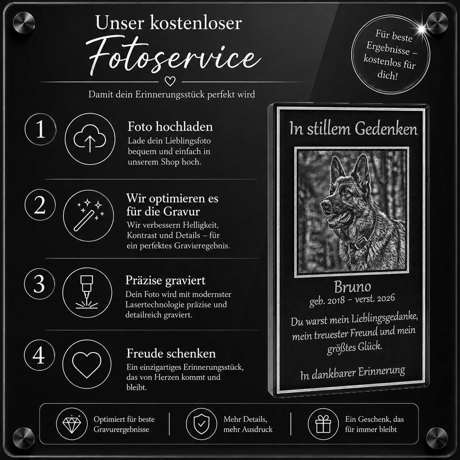 Professionelle Bildbearbeitung durch unseren Grafikservice, um das Foto deines Hundes perfekt für die Lasergravur freizustellen.