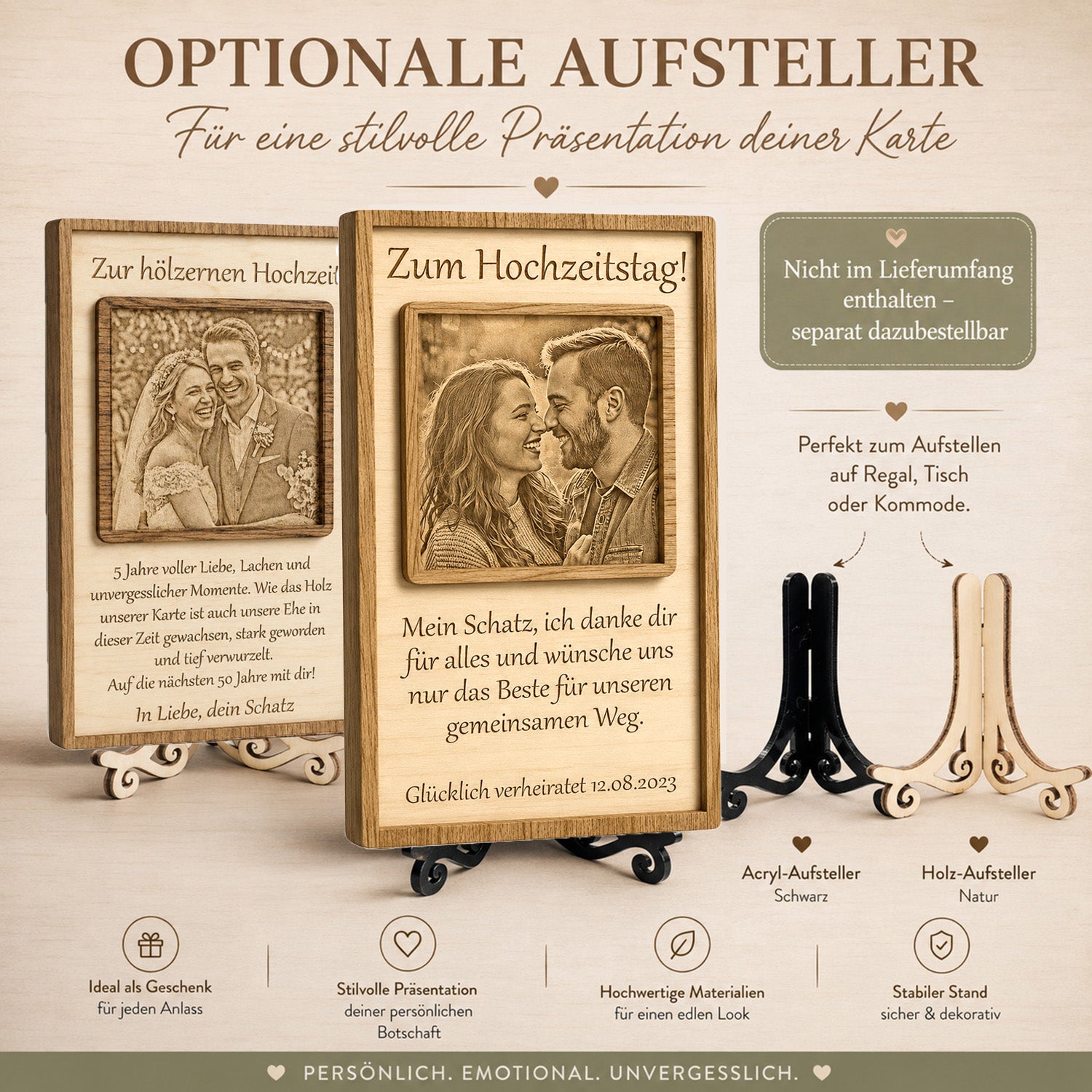 Nahaufnahme des stabilen und passgenauen Holz-Standfusses für die stilvolle Platzierung des Jubiläumsaufstellers.