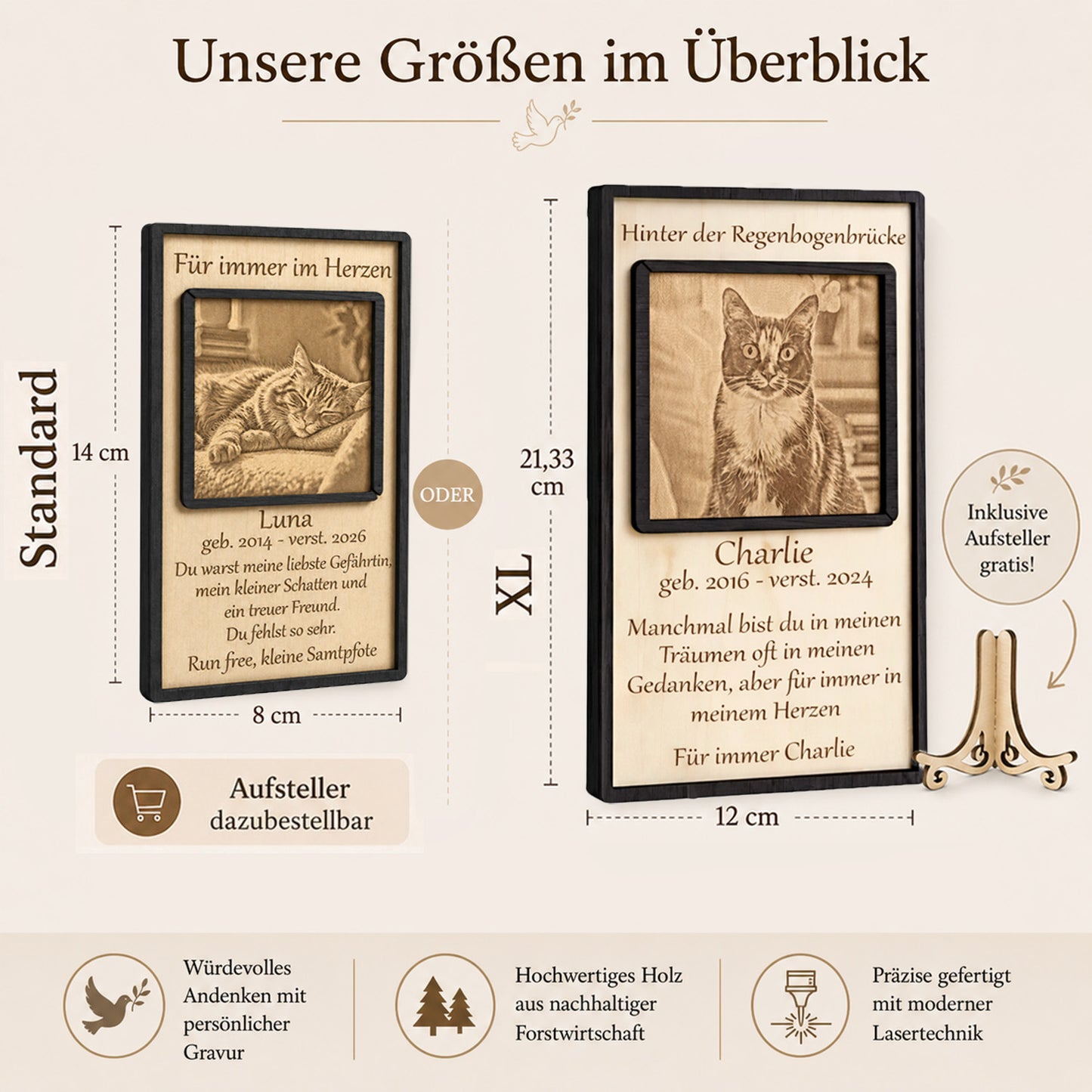 Abmessungen und Maße der hölzernen Katzen-Erinnerungstafel im direkten Größenvergleich.