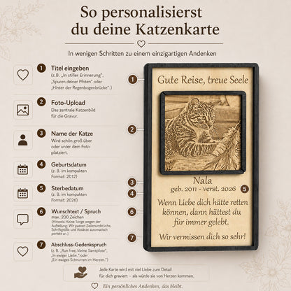 Anleitung zur einfachen Personalisierung des Holzaufstellers mit dem Namen, den Daten und dem Foto deiner Katze.