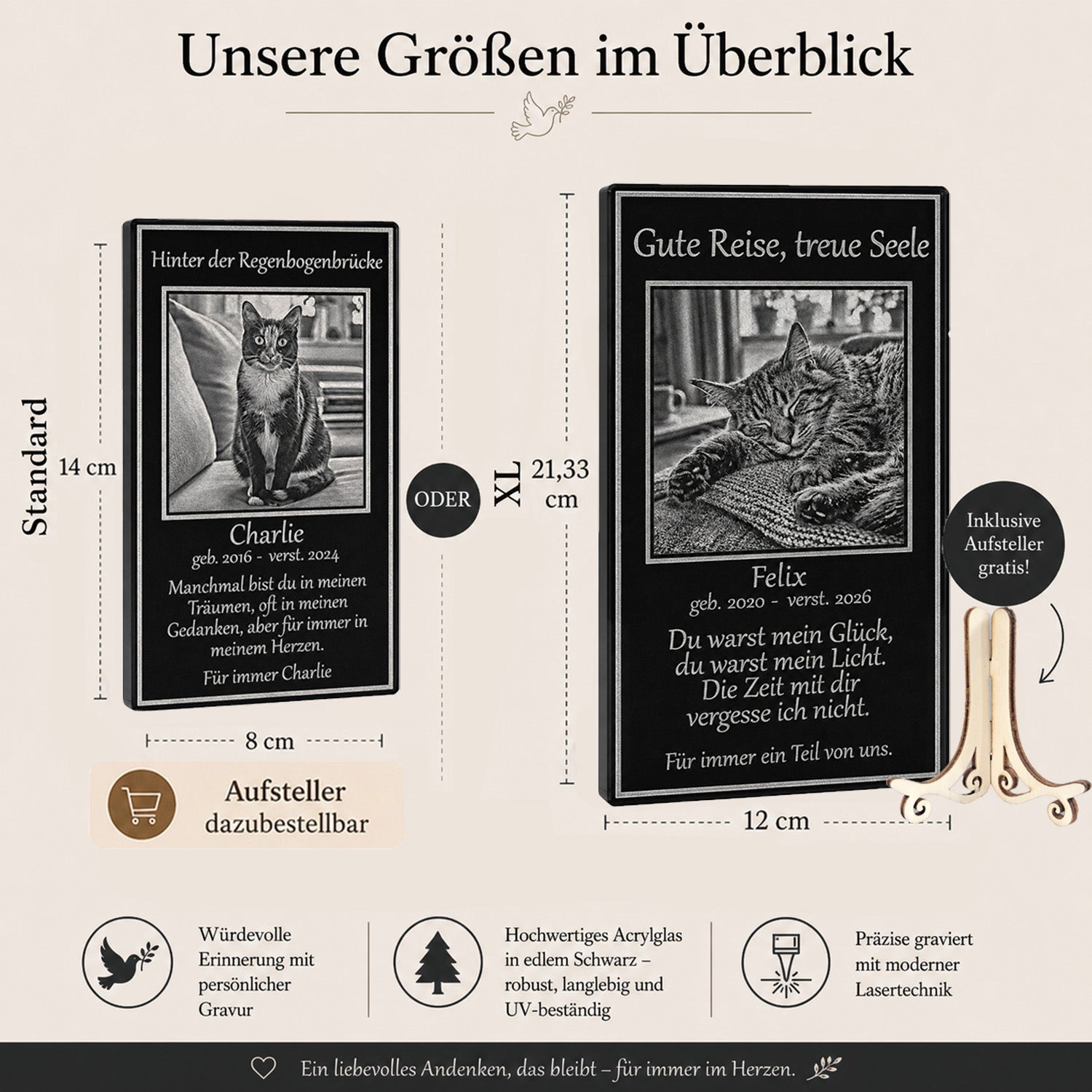 Die genauen Abmessungen und Maße der schwarzen Acrylglas-Erinnerungstafel für Katzen im Überblick.