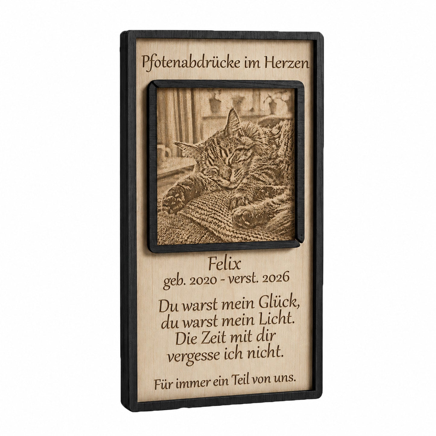 Personalisierte Katzen-Gedenktafel aus Echtholz mit graviertem Haustier-Foto und individuellem Trauerspruch zum Abschied.