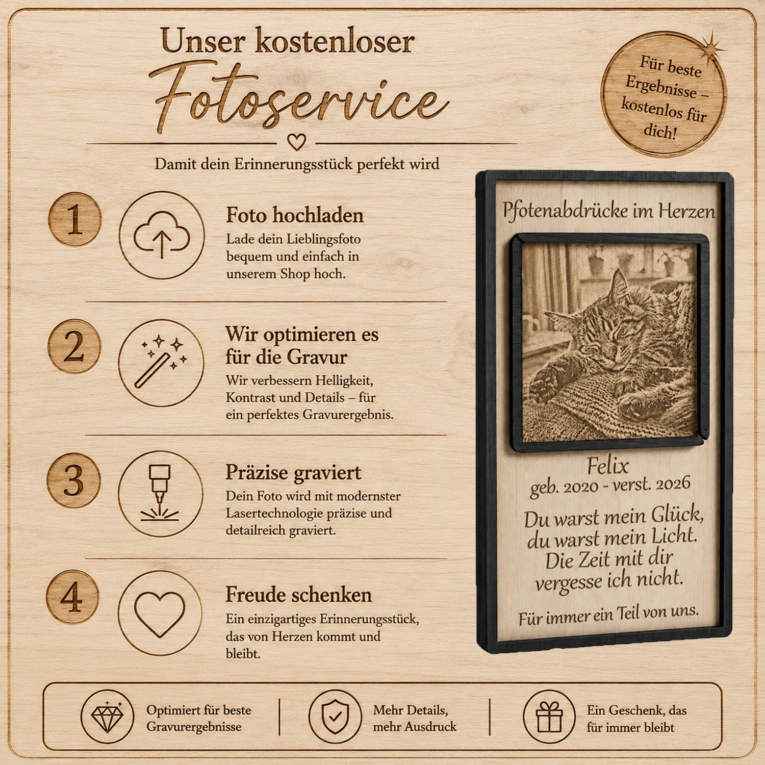 Professionelle Bildoptimierung und Kontrastanpassung von unserem Grafikservice für eine detailreiche Fotogravur auf Holz.