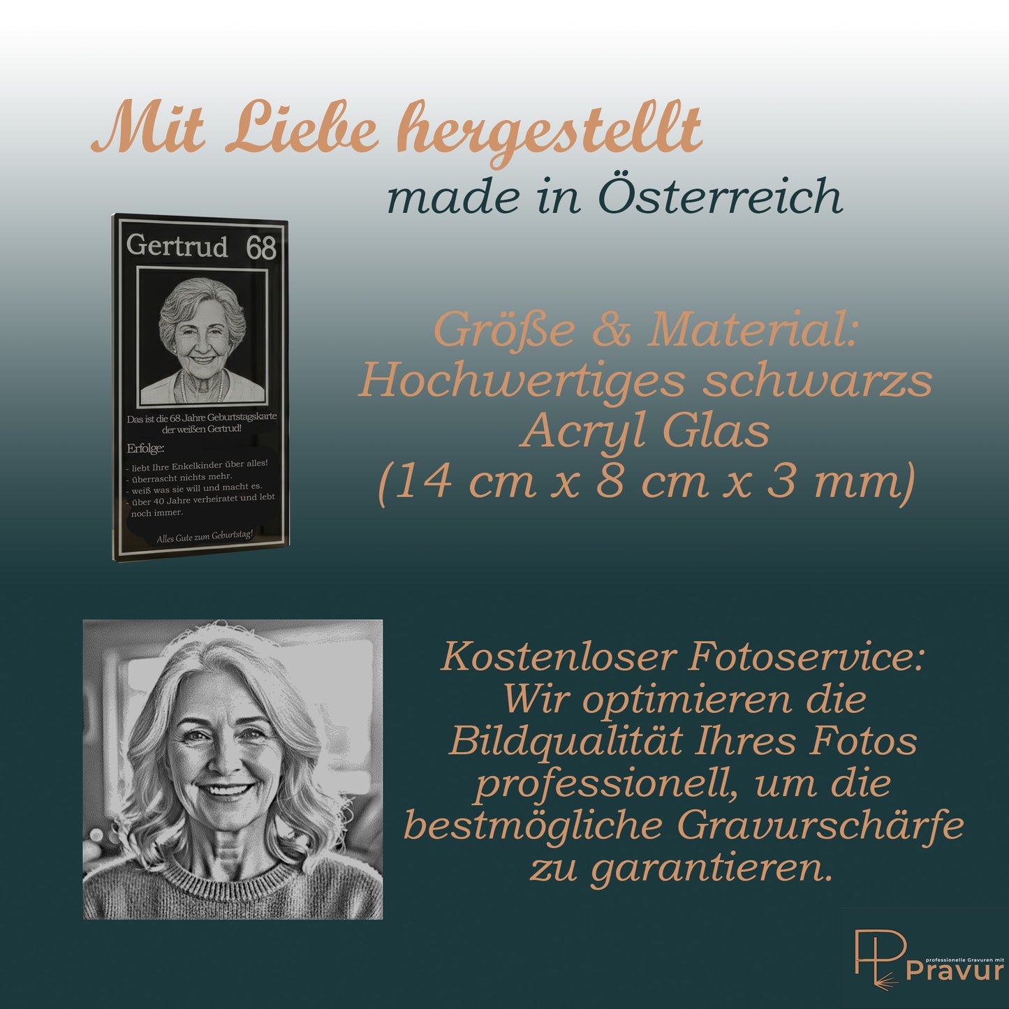 Größenangaben zum schwarzen Glas-Aufsteller inklusive Hinweis zum kostenlosen Grafik-Service.