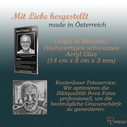 Größenangaben zum schwarzen Glas-Aufsteller und Details zur kostenfreien Fotooptimierung.