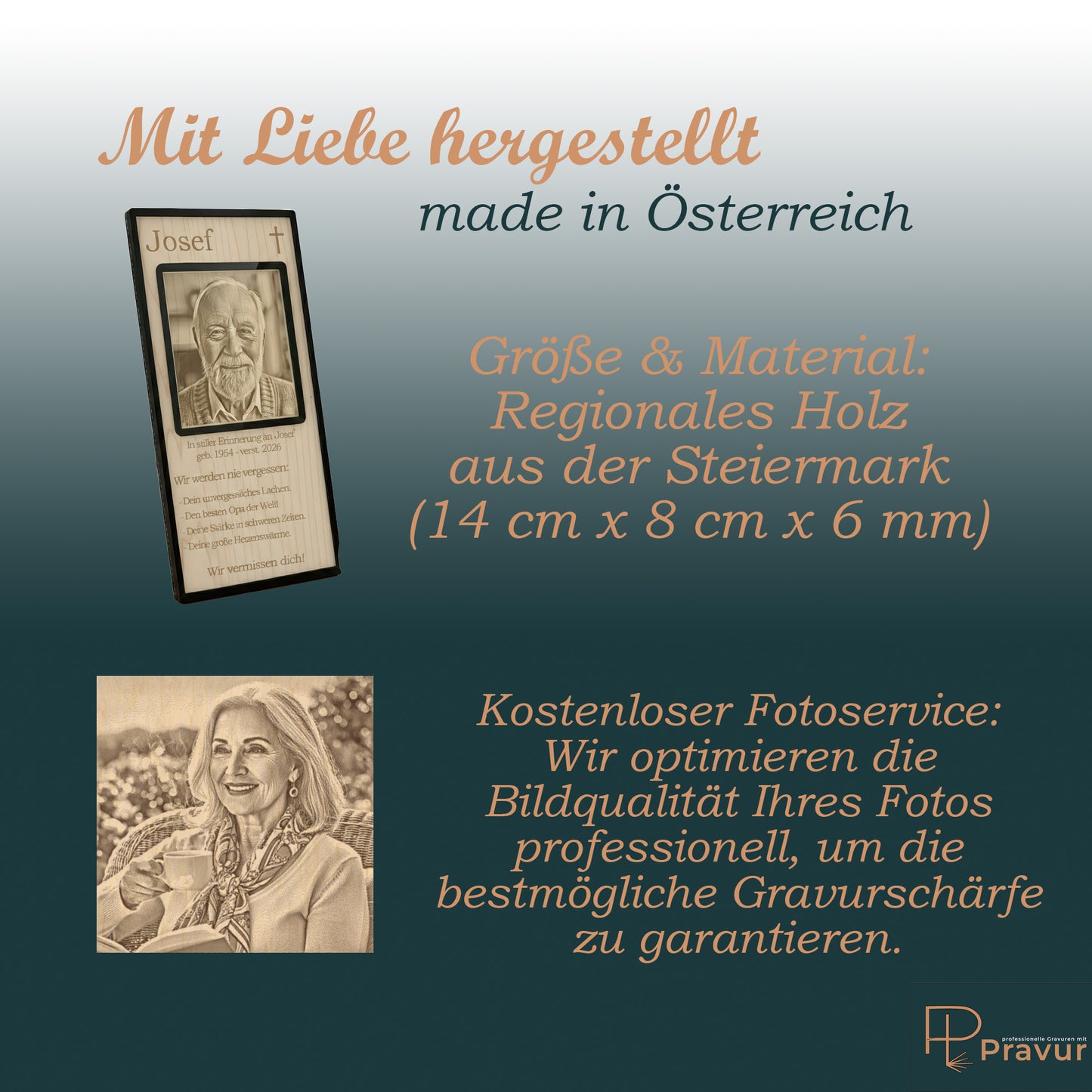 Größenangaben zum Holz-Aufsteller und Details zu unserer kostenlosen Foto-Bearbeitung.