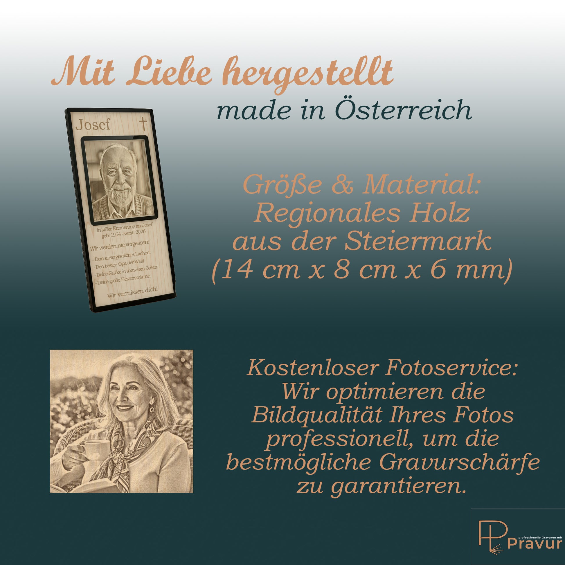 Größenangaben zum Holz-Aufsteller und Details zu unserer kostenlosen Foto-Bearbeitung.