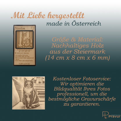 Infografik zur Größe der Holztafel und Infos zur kostenfreien professionellen Fotooptimierung.